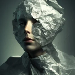 rendered in blender trash bag on his head and crumpled paper as a texture, collage paper and tape, slit - scan photography, high resolution, cinematic, unreal 6, breathtaking detailed