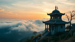 A quiet, ancient temple on a mountainside at sunrise, surrounded by clouds and overlooking a peaceful valley. Beautiful award-winning colour photograph, rule of thirds, balanced delightful composition, perfect lighting, superb detail, 16k render