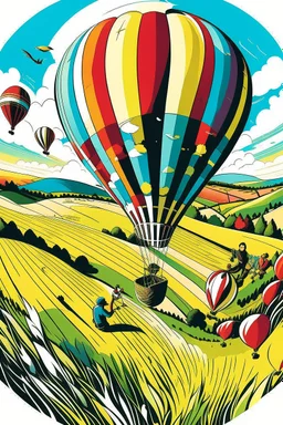 A GoPro camera is attached to the underside of a hot air balloon, capturing a breathtaking view of rolling hills and colorful patchwork fields below. A flock of geese flies alongside the balloon, casting long shadows against the landscape. Style: Dynamic, Mood: Euphoric, Lighting: Clear, bright sunlight, T-shirt design graphic, vector, contour, white background.