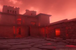 Incan architecture, city, red glow, atmospheric, realistic, unreal engine, cinematic lighting, octane render.