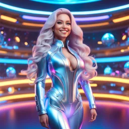 (masterpiece, best quality, 8k, RAW photo, beautiful and aesthetic:1.2), complex detail, Indirect light, photorealistic, (((full body))), Cosmic Baby corp boss style smiling, Long clear curvy hair, colorfull Sci-Fi environment