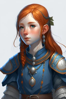 A young half elf cleric girl with light red hair pointed ears and chain mail and blue clothing