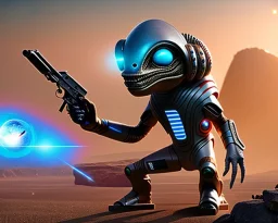 Wider Alien creature from mars holding a gun, boots, pupils, x, hands