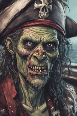 close up portrait of a zombi as a pirate, 2d drawing, background on a boat