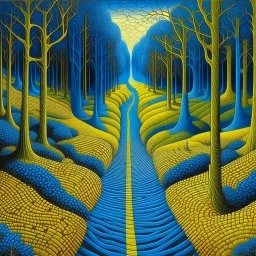 Meander style, crystal blue river, yellow path in geometric pattern cuts through surreal forest along riverbank, by Jack Yerka assisted by Tim Burton, intricately detailed, art from beyond.