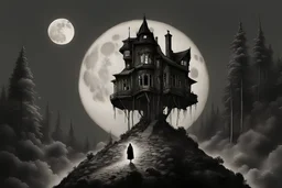 subrealist, horizontal black and white, obscured by dense forest fog, superbig full moon, moon is a center of image, tim burton character, exagerated, cartoony house, several floors, tim burton proportions, woman wiht cape and hood, woman stand up on spiral rock, face woman sad, super big eyes, circles eyes, background old house, high house more rooms, backlight, sad, high house several rooms, house tree, superfullmoon, house upper circle mountain, ambient fog, distorsion, fantasy