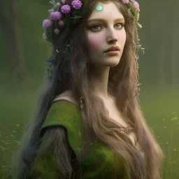 A beautiful female celtic druid with hair made out of flowers, digital art, HD, 8k, high definition, very high quality, detailed eyes, nature, druid, fantasy