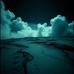 Photograph, a surface, night, nothingness, spooky, close-up, in Yves Tanguy style, clouds, nightmare, highly hypermaximalist, details of the terrain very accentuated, 8k, deep 3d field, sharp, eerily mysterious, artistic photo, large format film, shot on Hasselblad, 33mm photography, mysterious, dark, rotten, macabre, streams