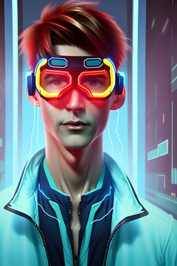 Male Netrunner with blue green red and yellow jacket, virtual reality goggles around his neck, very short dark red hair