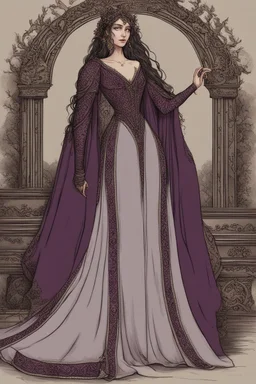 [Disenchantment, Queen Dagmar] Another damn ceremony awaiting her presence. Queen Dagmar smoothed the folds of her elaborate gown, dyed a rich plum and embellished with intricate black embroideries. Moonstones and jet glimmered at her neck and wrists, laden as she was with the trappings of her station. The plunging neckline displayed her alabaster cleavage to intimidating effect, while puffed sleeves resembled a raven's severe wings. A circlet of thorny black branches crowned her wild fiery mane