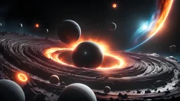 A solar system tightly orbiting a black hole, destruction, terror, ripping apart, colorful, dark, ominous, beautiful abyss, vivid, 8k 3d, vray, highly detailed matte painting, action, concept art, phoptorealistic, dozens of brightly lit rings of destroyed orbiting bodies, perfect circles