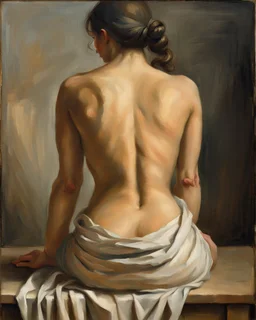 masterpiece classical academic oil painting, figurative study of a seated female figure viewed from behind, focus on anatomy, posture, and painterly texture, subject seated on a surface with a natural relaxed pose, torso slightly leaning forward the figure is partially draped in simple light fabric around the lower body and upper torso, arranged modestly, emphasizing form through light and shadow rather than exposure detailed back anatomy: visible shoulder blades, natural spine curvature, soft m