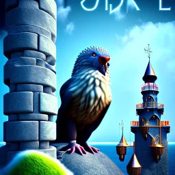 big fluffy bird in cage, close up on holy diver, beach castle, stone pillars, movie poster, fantasy, poetic