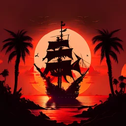 A dark pirate ship , turning to the right, with a red/orange sun and palm trees in the background