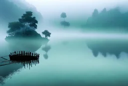 Qiuindahou lake in misty