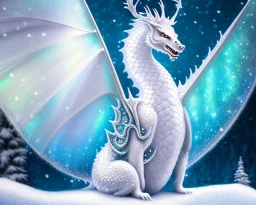 mdjrny-v4 style, a white dragon with fairy-like transparent glowing and sparkly wings standing in snow, full body, silver and teal background, glowing soft and smooth wings, realistic, highly detailed intricately detailed, shiny snowy background, soft studio lighting, trending on artstation, by artist "Julie Bell", by artist "Greg Rutkowski"