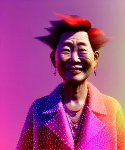 Ultra Realistic photo, medium shot view, drunken sweet dancer old Asian woman, carnival scene, monster hair, steampunk style. Red hair, confeti, smile, happy, festival, ovnis, gradient color fog. highly detailed, concept art, unreal engine 5, ray tracing, RTX, lumen lighting, ultra detail, volumetric lighting, 3d, finely drawn, high definition, high resolution.