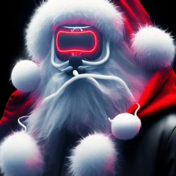 All Black Santa, ghost, wearing high tech mask, white smoke, dark, rage, high definition, ultra 8 k, volumetric lighting, blue fire, fog red rain