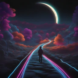 A black lightpainting ofA luminescent Road to the Moon!!!! With a Lonely Man, an intricate folk art Neon glow, UV light. fantasy,colorful8k resolution concept art, Greg Rutkowski,SIXMOREVODKA, pastel color, Nighttime Lighting, digital illustration, 4K, Hyperdetailed, Intricate Details, 3D shading, Art of Illusion