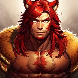 Barbarian anime character, animal hide armor, physically fit, tribal tattoos, scars, washboard abs, red facepaint, red hair, dark eyeshadow, intricate eyeliner, soft round eyes, beads in hair, 8k resolution, cinematic smooth, intricate details, vibrant colors, realistic details, masterpiece, oil on canvas, smokey background