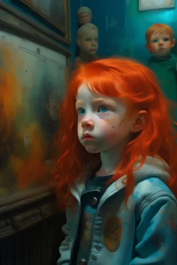 Little girl with red hair in Cyberpunk wunderkammer painted by Rembrandt, unsane details, soft colors