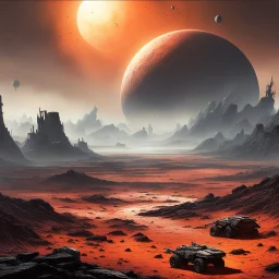 Ground battle raging on a desolate, scarred alien planet, etched by acid rains and seismic upheaval.