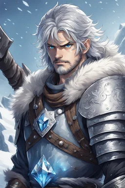 in anime style, 1man, a man with blue eyes and silver hair man in silver Viking armor with fur around the neck with blue crystal on his chest holding an axe in his hands standing on a pirate ship in the artic, warrior in anime style,