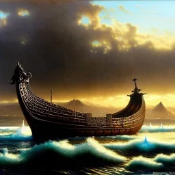 portrait of 'viking ship on rought sea',ancient metal armor,horned helmet,castle,army,mountains, snow, cold, painting by gaston bussiere, greg rutkowski, yoji shinkawa, yoshitaka amano, tsutomu nihei, donato giancola, tim hildebrandt, evan lee,oil on canvas, cinematic composition, extreme detail,fit full head inside picture,16k