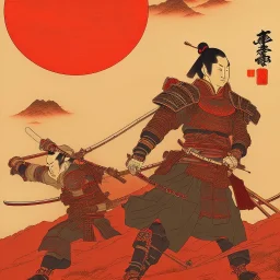 human Samurai Japanese Ukiyo-e, red sun in the background, walking in the mountains