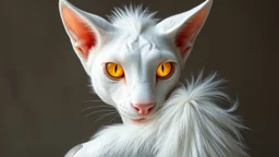 white stylish with textured ears with tufted tips and a subtle pink interior, long and white, sharp jawline and high cheekbones, piercing yellow deep galaxies bright glowing aura with vertical pupils and a golden ring around the iris, soft and white fur trim on shoulders that's longest at the back, intricate subtle and shimmering silver scales on arms