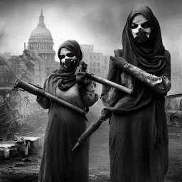 women, faces covered in black masks, ragged clothes, holding flag, realistic, Life Magazine photgraphy, war-torn, destroyed city in the background, 8k resolution, hyperrealistic, detailed matte painting, b&w, dynamic lighting, war, anarchy, terrorists, George Grie, Ben Goossens, brian froud, howard lyon, selina french