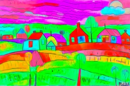Pastel sketch of English countryside in the style of Paul klee