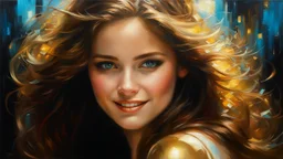 In Casey Baugh's evocative style, art of a beautiful young smiling girl with long brown hair, futuristic, scifi, intricate, elegant, highly detailed, majestic, Baugh's brushwork infuses the painting with a unique combination of realism and abstraction, greg rutkowski, surreal gold filigree, broken glass, (masterpiece, sidelighting, finely detailed beautiful eyes: 1.2), hdr, realistic painting,