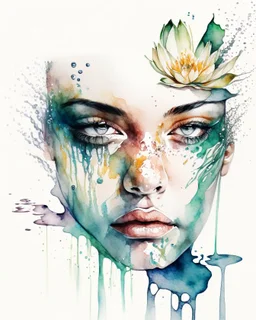 a hand-drawn watercolor painting of a woman's face with waterlily warped around the face like a snake, with a splash of mixed colors on a white background, sharp detail