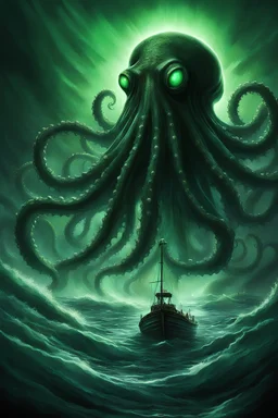 From the abyssal depths, a colossal octopus-like horror ascends, its tentacles reaching towards the heavens like grasping claws. A lone boat, caught in its path, flees in terror. The creature's eyes glow with an eerie green luminescence, its form casting an ominous shadow upon the turbulent waters. Dark, gritty horror, reminiscent of H.P. Lovecraft's cosmic horror stories. Predominantly dark and muted colors, with splashes of eerie green and purple. Overall composition conveys overwhelming dread