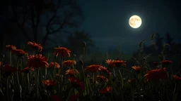 unique flowers growing in yard, night, full moon, 8k, high quality, trending art, trending on artstation, sharp focus, studio photo, intricate details, highly detailed, by greg rutkowski