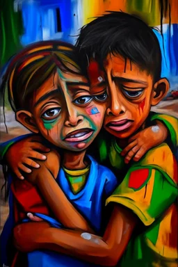 a girl hug her brother and both crying sadly, expressionism, Pixar style, in abstract art Basquiat, Picasso, Miro, Kandinsky, Klee, Birell, Fairey, Ardon, Buffet aand Picasso style, HD --s 750 --v 5.1 --style raw, water color