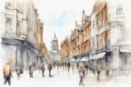 Nottingham City sketch, watercolor, white background, vibrancy of watercolor wash, highly detailed, with sharp focus and smooth transitions. golden ratio, masterpiece, trend on CGSociety and Artstation, bottomless, impressive, something that does not even exist, textures,