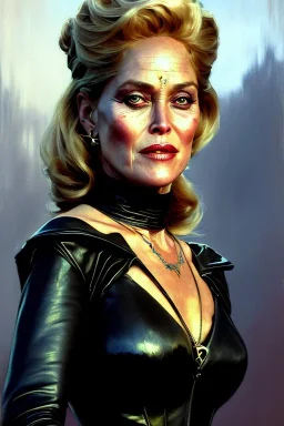 painting of Sharon Stone as evil queen in black leather gown, feminie, angry, stern look on her face, emperious, highly detailed, digital painting, artstation, concept art, smooth, sharp focus, illustration, art by gaston bussiere and alphonse mucha