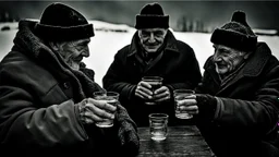 close-up photo, european hungarian villager mens in dark winter cloths toasting men's hands holding short drink glass glasses with water, winter, low light, background blur old authentic villager faces, high detalied, sharp focus, high realistic, perfect photo