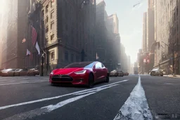 A Tesla 'Model Y' is parked, on 'Wall Street', in New York. (CINEMATIC, WIDE ANGLE LENS, PHOTO REAL)