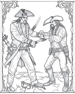 Pirates of the Caribbean: Dueling Pirates Coloring Challenge: Create an action-packed coloring page inspired by the Pirates of the Caribbean movie, featuring a dramatic scene with two pirates engaged in a thrilling sword duel. Capture the intensity of the battle with dynamic poses and expressions, providing ample space for young artists to color the characters and their surroundings in black and white. This coloring challenge invites kids to infuse their creativity into the high-stakes world of