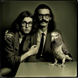 Awkward portrait Photo with a man and a woman with ugly glasses, 30 years old sitting on chair, serious look, long 1960 hair and mustasch, polaroid camera style, holding small budgies