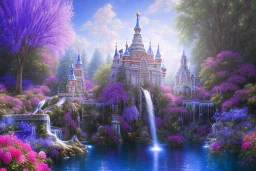 luminous white crystal russian indian castle,fountain, sun,swanns,waterfall, BLUE LAKE, SWANNs,blue bugainvillier flowers, jacaranda violet trees, sky pink blue, full of details, smooth, bright sunshine，soft light atmosphere, light effect，vaporwave colorful, concept art, smooth, extremely sharp detail, finely tuned detail, ultra high definition, 8 k, unreal engine 5, ultra sharp focus