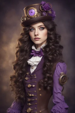 A girl with long, wavy dark brown hair, purple eyes, dressed in steampunk clothes, Nutcracker style