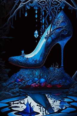 dark fantasy, intricate cover, a whimsical fairytale, high-heeled shoe made of blue glass with a pool of blood underneath