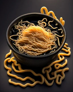 ramen noodles on black background. Photography. Realistic photo. HD. Glowing. 3d style