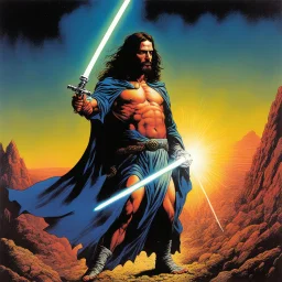 [art by Richard Corben] Jesus with a lightsaber opening the belly of the devil