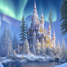 white and gold crystal castle，waterfall, winter snow flakessnow, northern Lights, full of details, smooth, bright sunshine，soft light atmosphere, light effect，vaporwave colorful, concept art, smooth, extremely sharp detail, finely tuned detail, ultra high definition, 8 k, unreal engine 5, ultra sharp focus