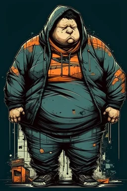 fat boy, hoodie , , cyberpunk,, comic book art style, geek, engineer, t-shirt, jeans, drug addict, ,